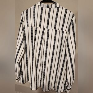 Blue and white blouse with deep button v-neck, lightweight, size large